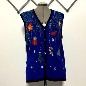 Bobbie Brooks Women's Blue Sleeveless Knit Beaded Christmas Vest Large